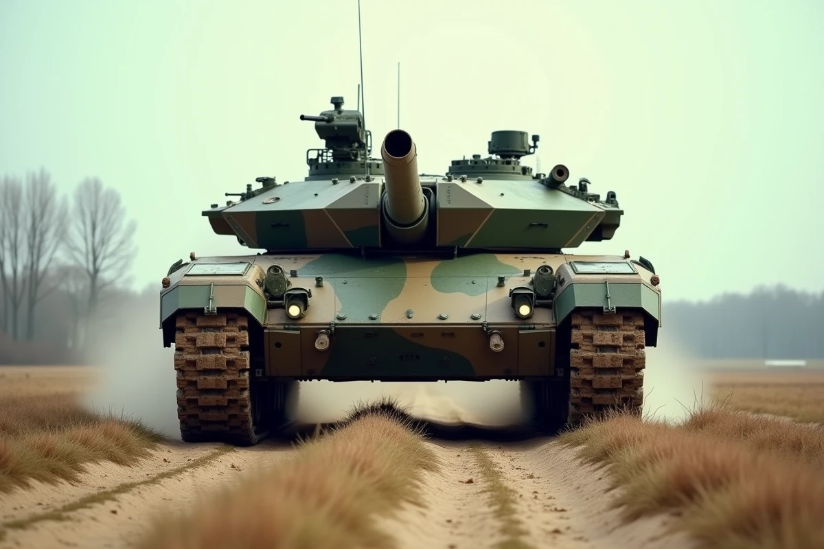 Char Leclerc de l'armée française en manœuvre sur terrain d'entraînement militaire, vue grand angle en contre-plongée