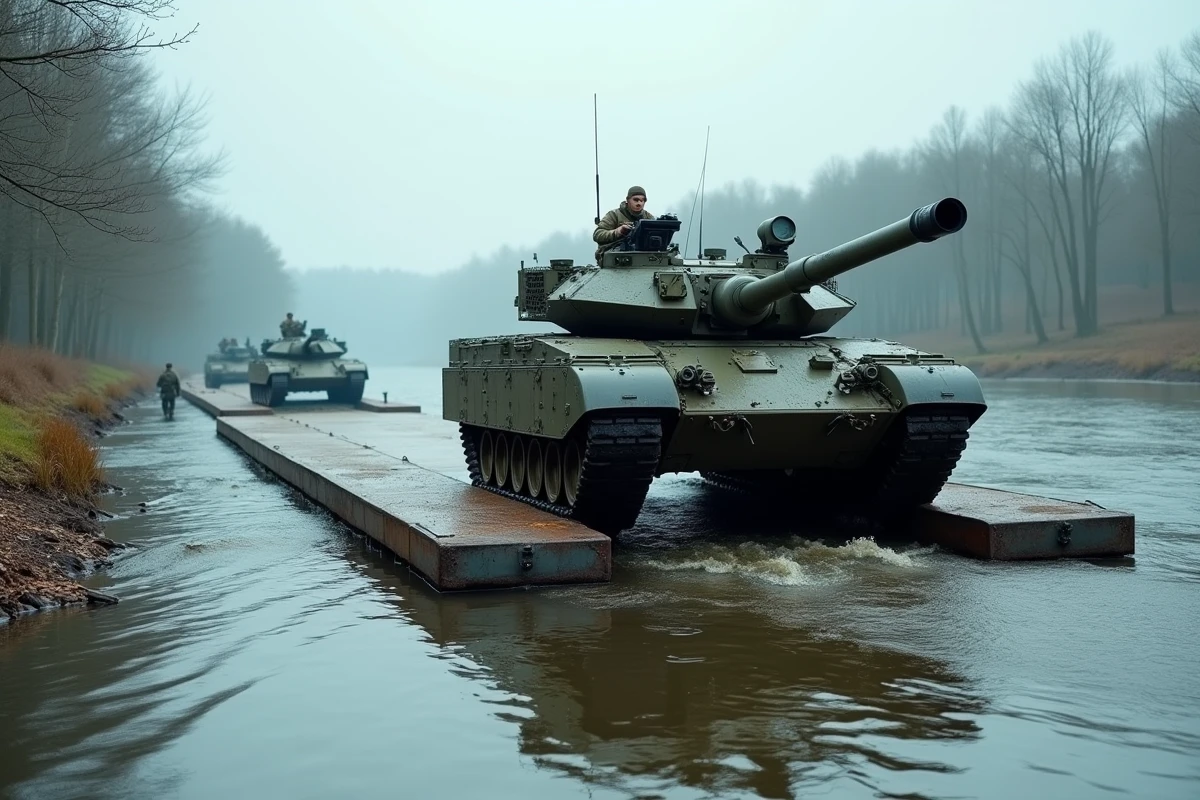 Char Leclerc traversant un pont militaire flottant lors d'un exercice à grande échelle, manœuvre de franchissement de rivière