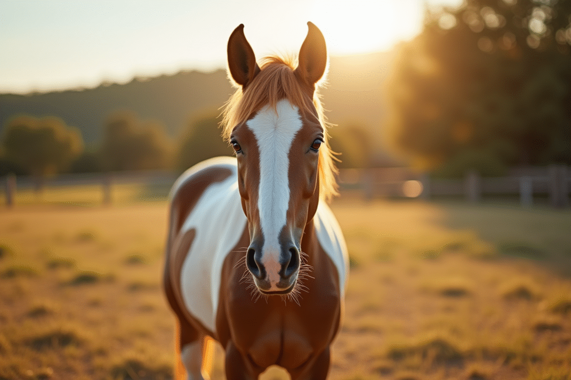 Portrait d'un cheval au visage unique dans un paddock ensoleille