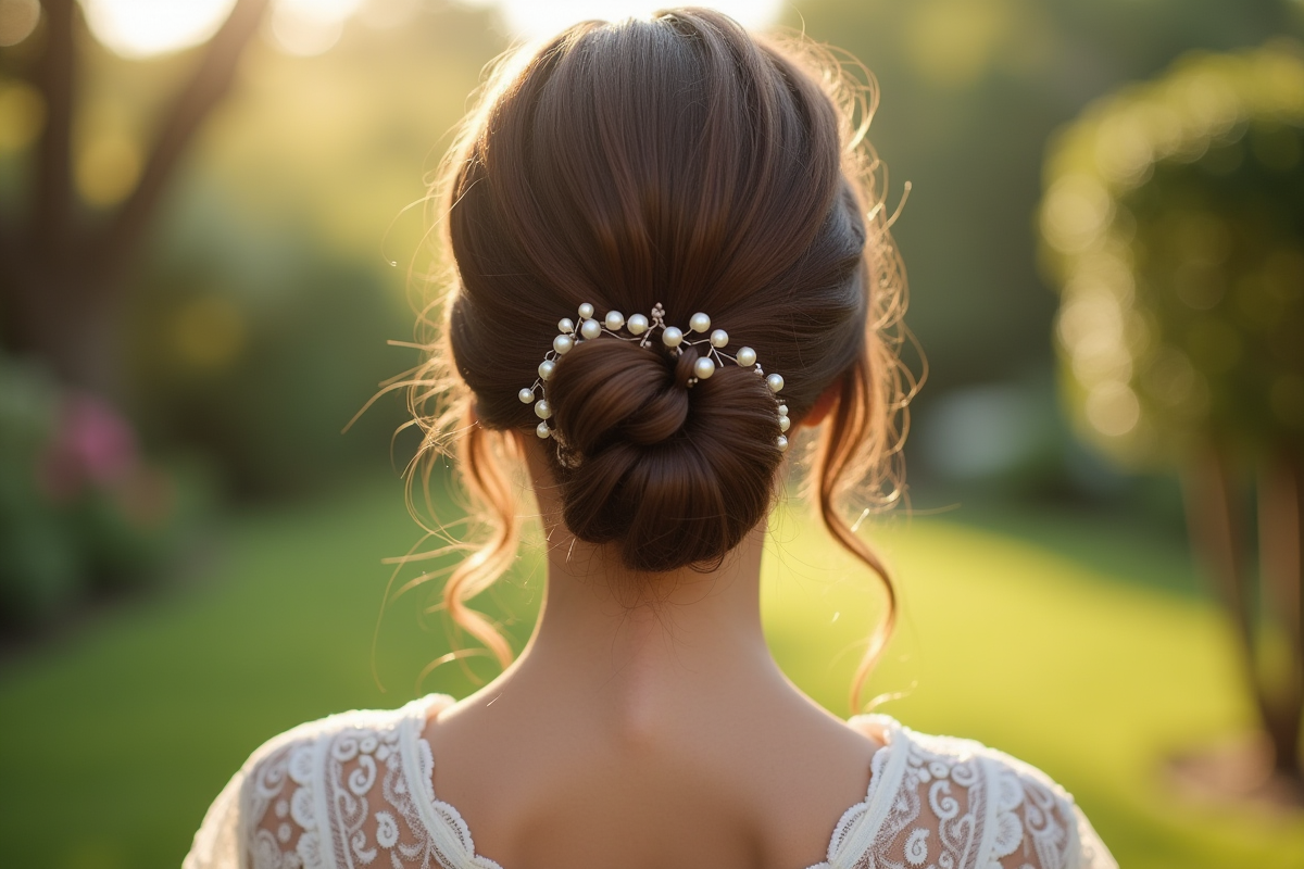 Femme de dos avec chignon chic et perles dans un jardin