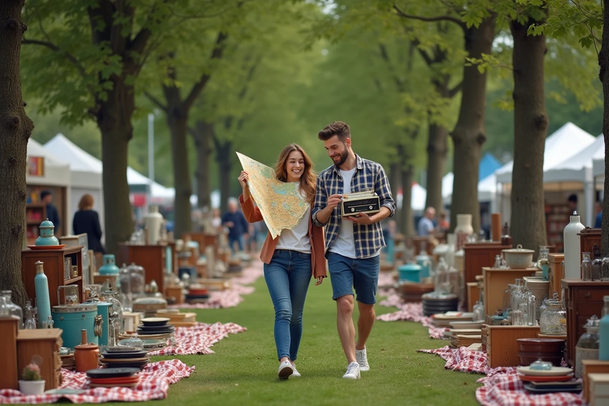 Couple de chineurs parcourant un vide grenier en plein air dans le Finistère