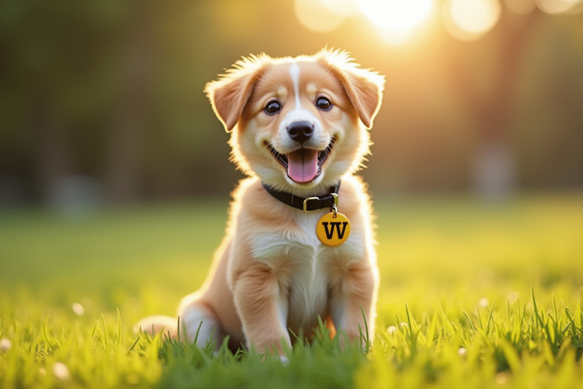 Chiot souriant avec badge V dans un parc ensoleille