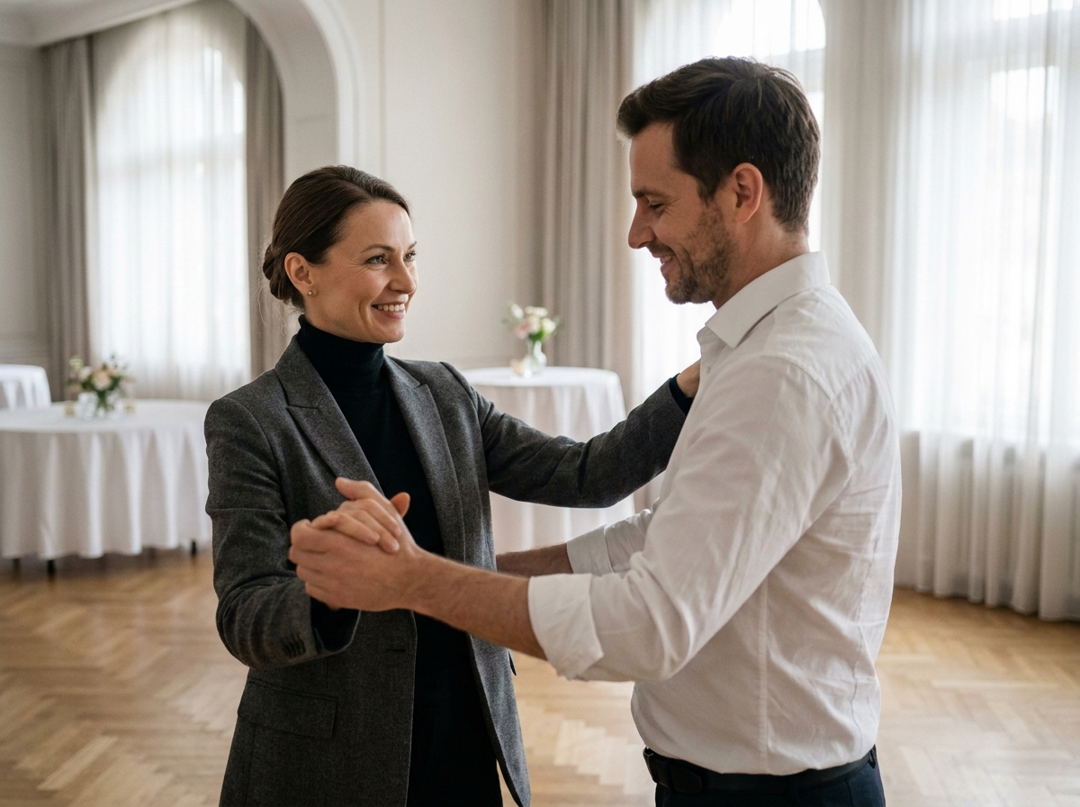 Chorégraphe professionnelle guidant le marié lors d'une répétition d'ouverture de bal dans une salle de réception élégante