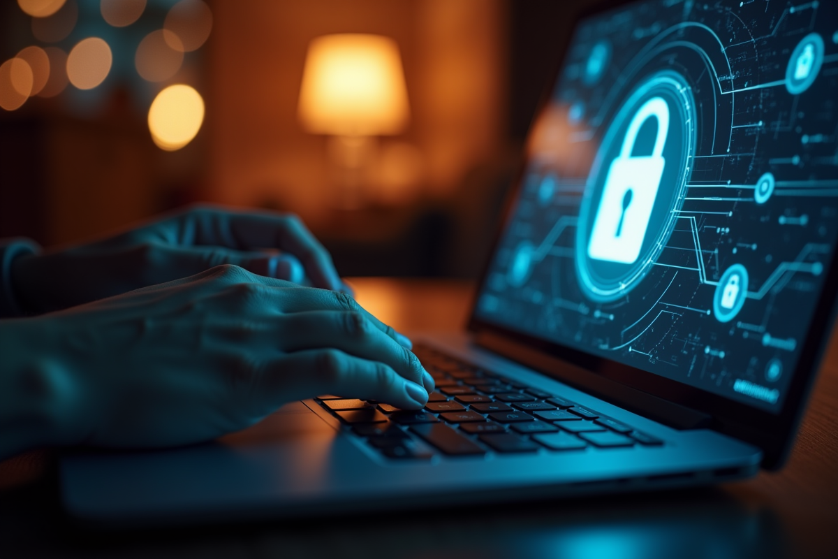 Mains tapant sur un clavier avec un cadenas de securite digital