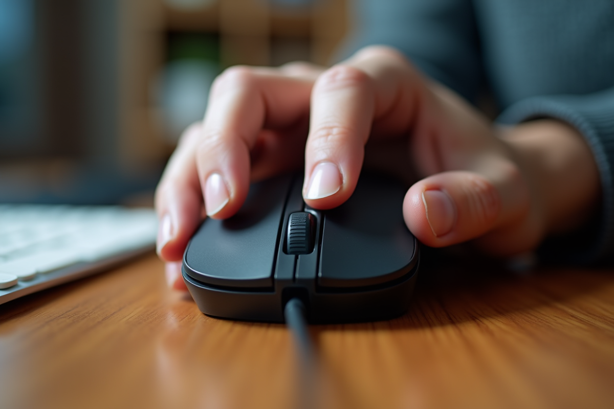 Détail d une souris et doigts sur un bureau en bois