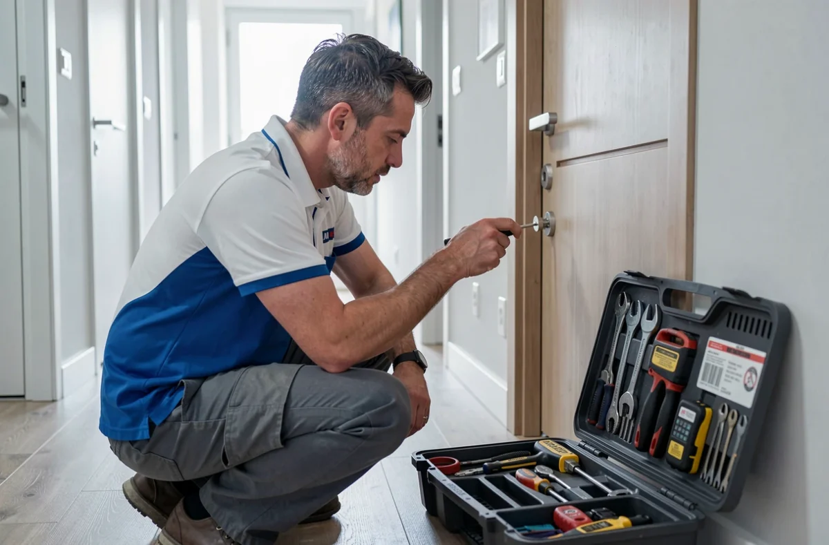 Serrurier Clefix procédant au remplacement d'un cylindre sur une porte intérieure moderne