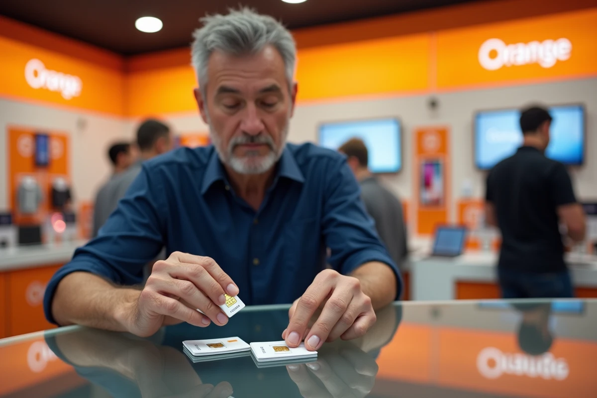 Client comparant des forfaits carte SIM Orange dans une boutique officielle