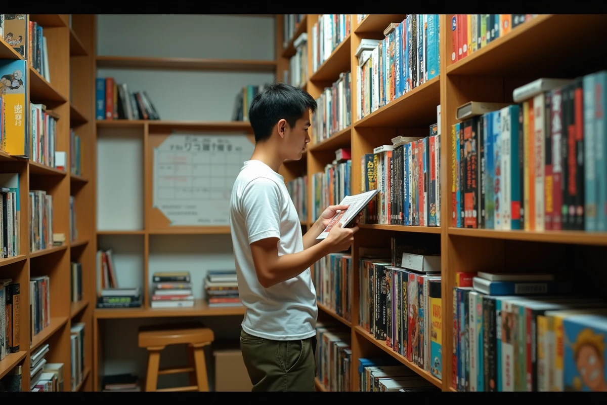 Collectionneur de manga inspectant des volumes japonais de One Piece rangés sur une bibliothèque avec un planning de parution japonaise