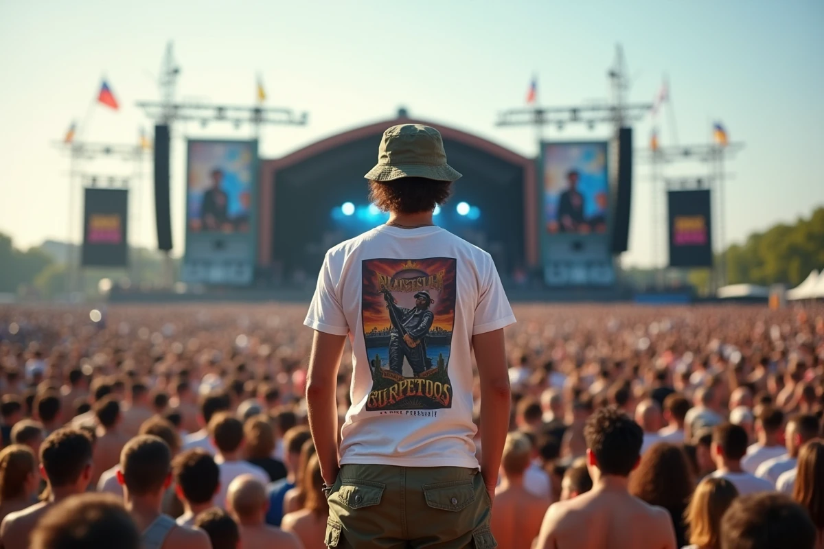 Jeune homme de dos dans la foule devant la grande scène des Vieilles Charrues, bras levés, ambiance concert en plein air lors d'un festival d'été