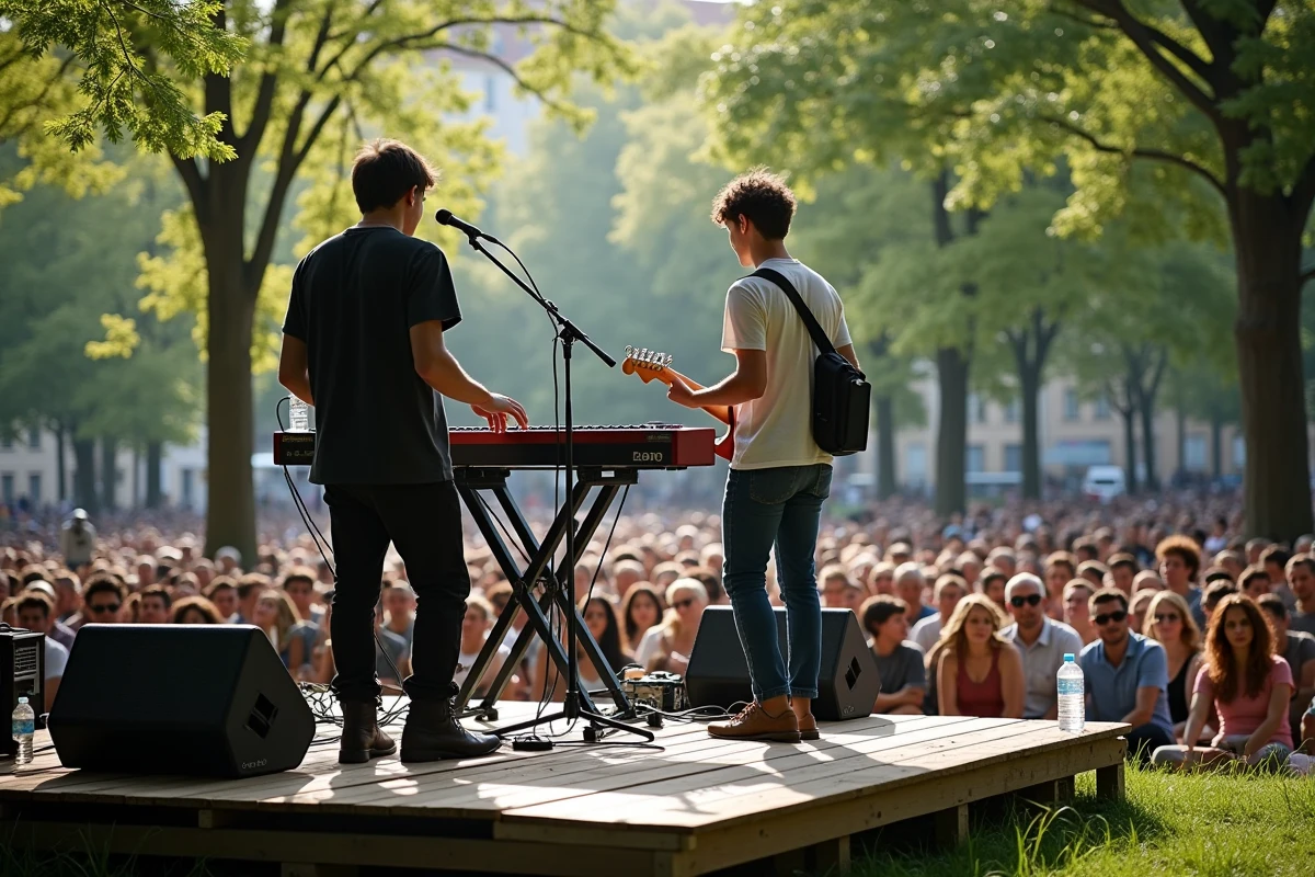 Deux musiciens en concert sur une scène extérieure en plein air dans un parc lors d'un festival de musique à Lyon