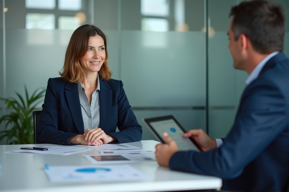 Consultante commerciale en réunion avec un dirigeant de PME pour l'accompagnement de la stratégie de développement commercial externalisé