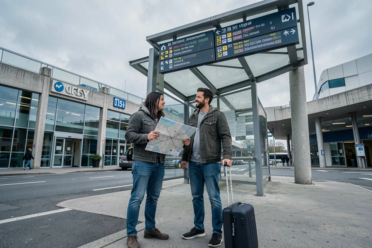 Couple arrivant à l'aéroport d'Orly avec carte des transports en commun pour rejoindre Paris sans stress