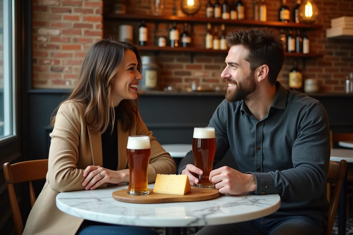 Couple en amoureux dégustant des fromages régionaux et de la bière dans une brasserie traditionnelle du Nord à Lille
