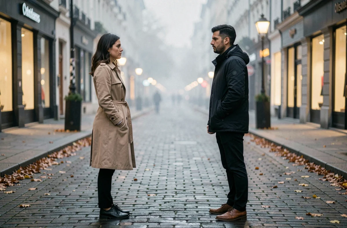Couple en rupture de confiance sur une rue pavée, représentant l'éloignement émotionnel après une trahison amoureuse