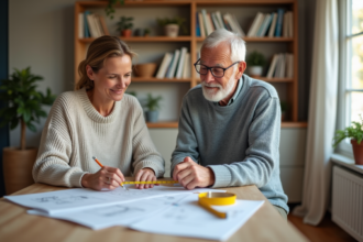 Couple de milieu d'âge étudiant des plans de maison