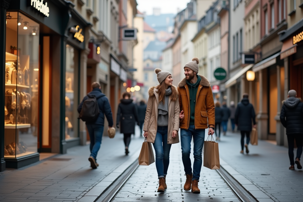 Jeune couple marchant dans une rue commerçante à Strasbourg