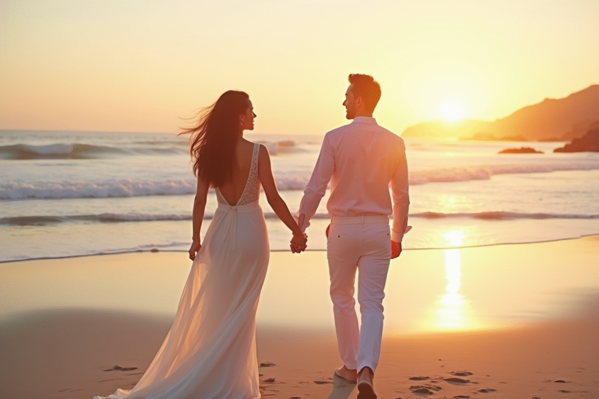 Couple élégant main dans la main sur la plage au lever du soleil