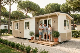 Couple inspectant l'extérieur d'un mobil-home moderne dans un parc de vacances en France entouré de pins