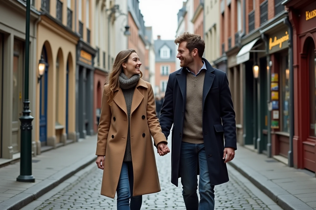 Couple en amoureux se promenant main dans la main dans les ruelles pavées du Vieux-Lille avec des façades flamandes colorées en arrière-plan