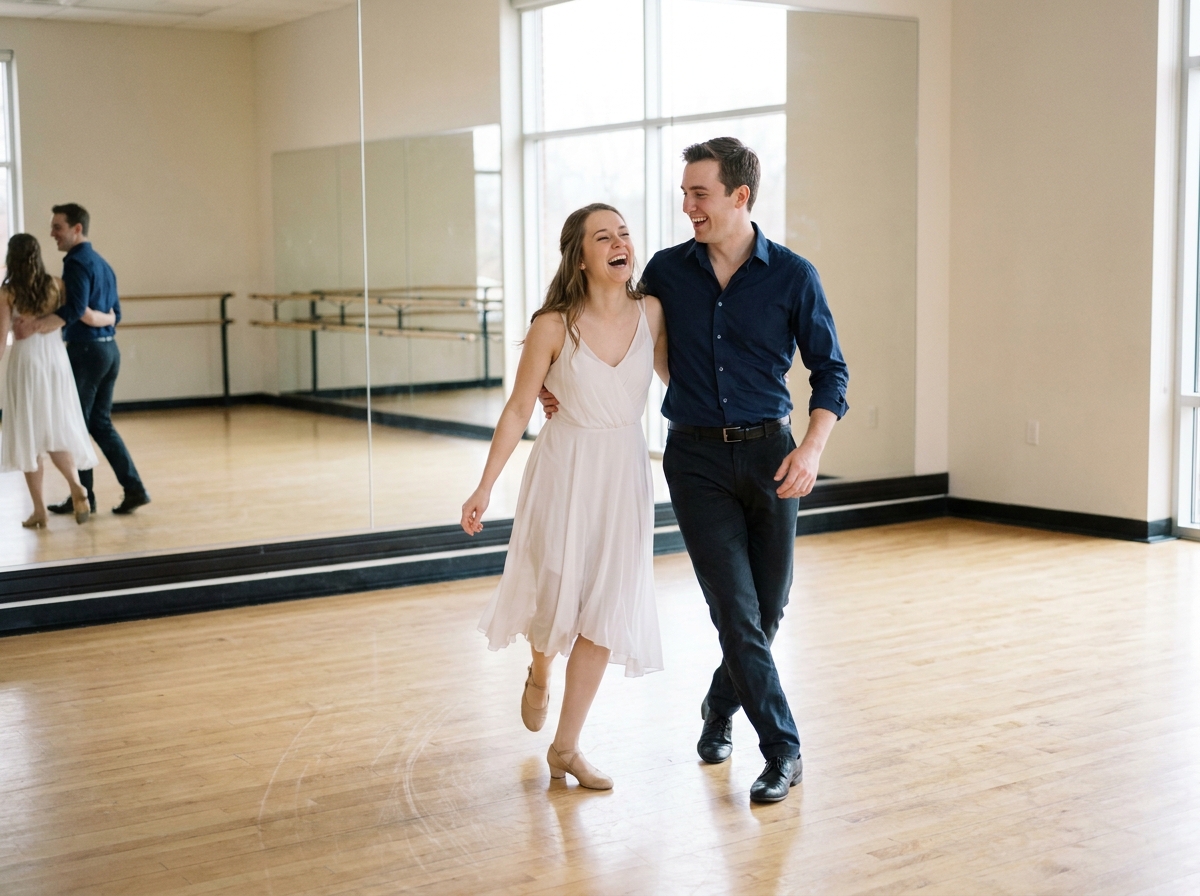 Couple de mariés répétant leur ouverture de bal dans un studio de danse avec miroirs et parquet en bois