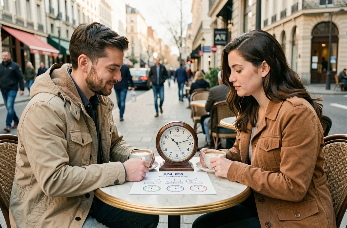 Deux adultes étudiant ensemble la notion d'AM et PM en anglais autour d'une fiche pédagogique dans un café en terrasse