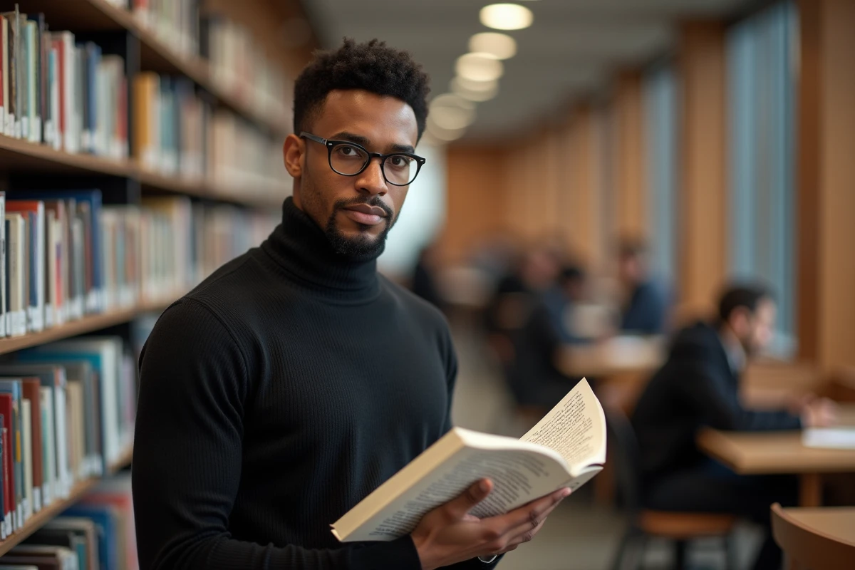 Homme en lunettes rondes comparant des paroles de rap à une anthologie poétique dans une bibliothèque moderne
