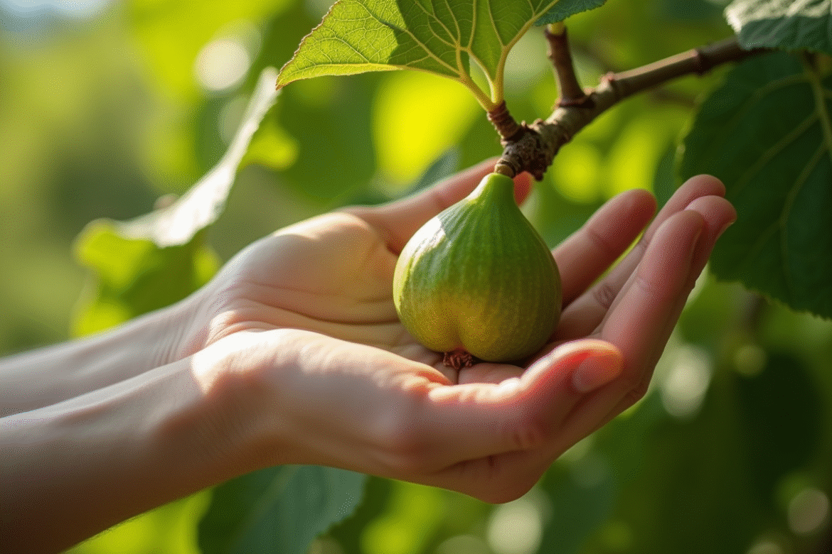 Mains cueillant une jeune figue sur un arbre mature