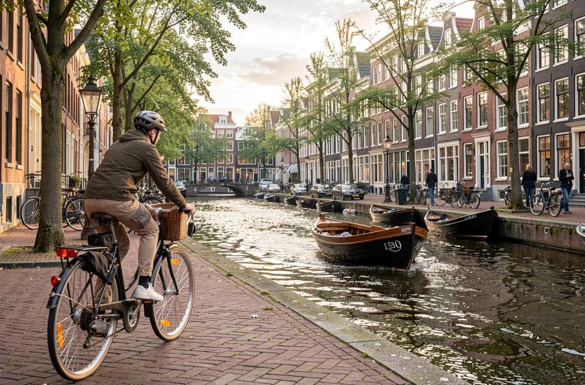 Cycliste sur un quai et bateau naviguant sur un canal d'Amsterdam