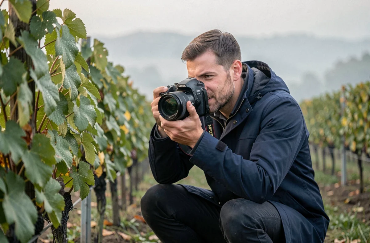 Photographe accroupi dans un vignoble champenois brumeux, cadrant des feuilles de vigne couvertes de rosée pour Damien Lutz Photographie