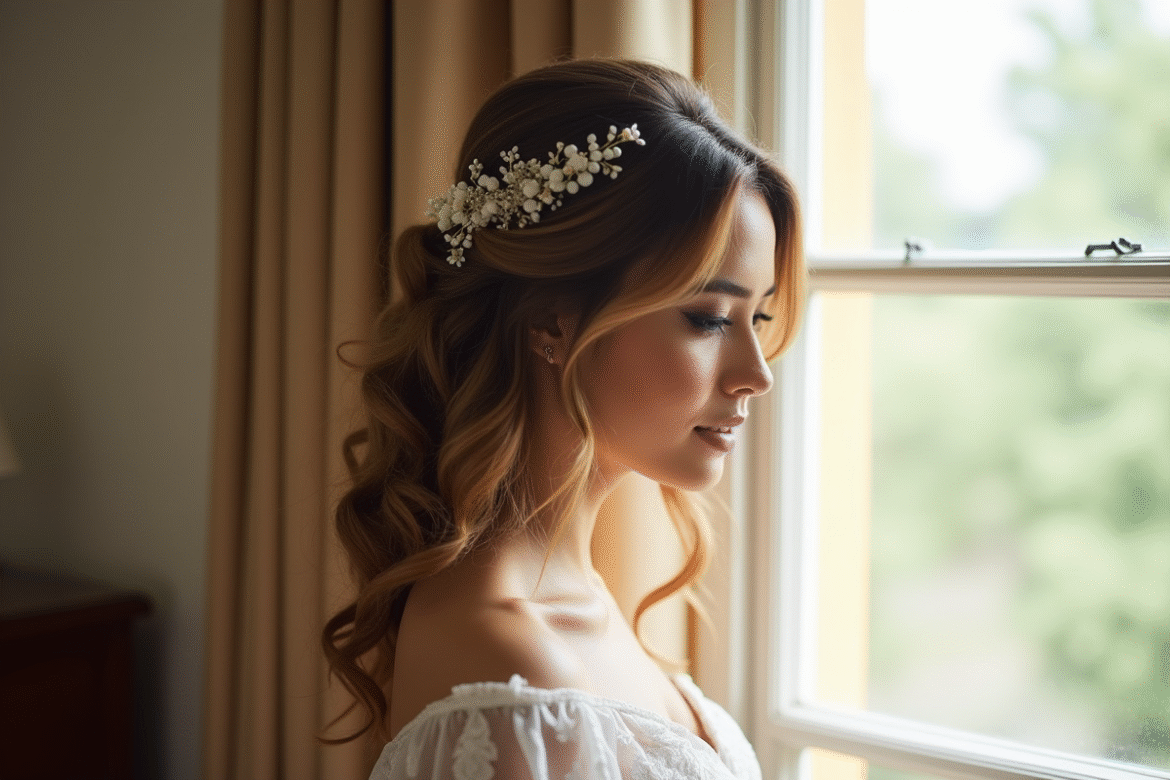 Mariée aux cheveux ondulés avec fleurs délicates
