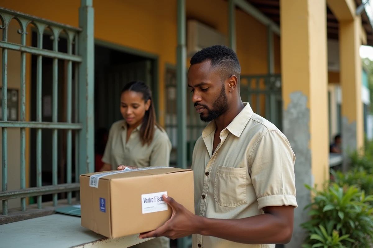 Homme déposant un colis au bureau de poste de Port Louis à l'Île Maurice avec un agent postal
