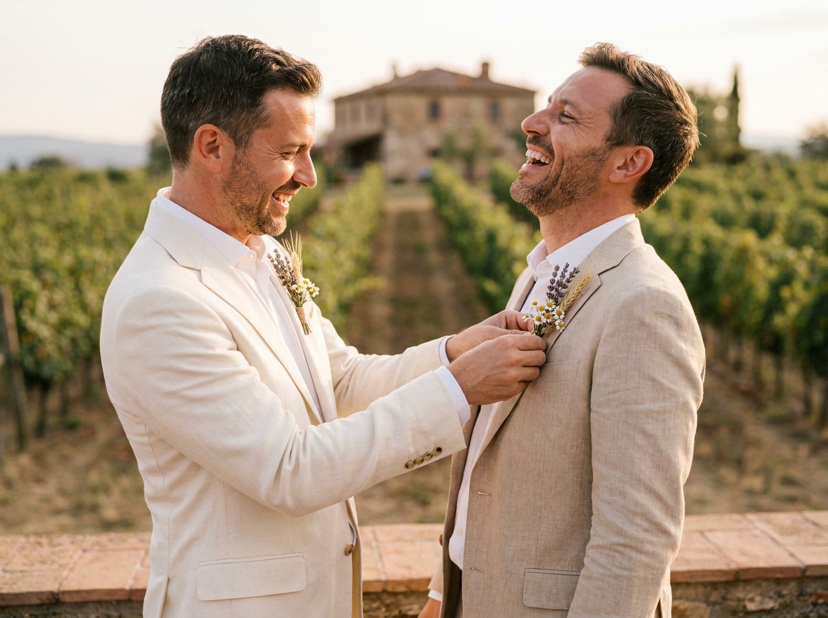 Deux mariés en costume lin ivoire et beige se souriant dans un vignoble, ajustant leurs boutonnieres rustiques en lavande et camomille lors de leur cérémonie de mariage
