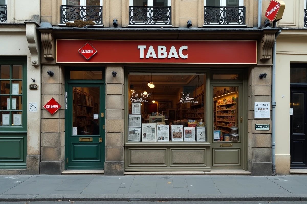 Devanture d'un bureau de tabac français avec enseigne rouge, présentoir de journaux et affiche de services pratiques
