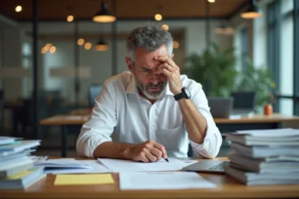 Dirigeant de PME débordé à son bureau, entouré de dossiers et de notes, illustrant le manque de temps pour gérer le développement commercial
