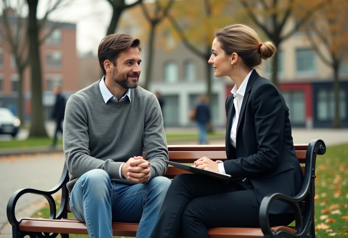 Homme et femme discutant dans un parc urbain