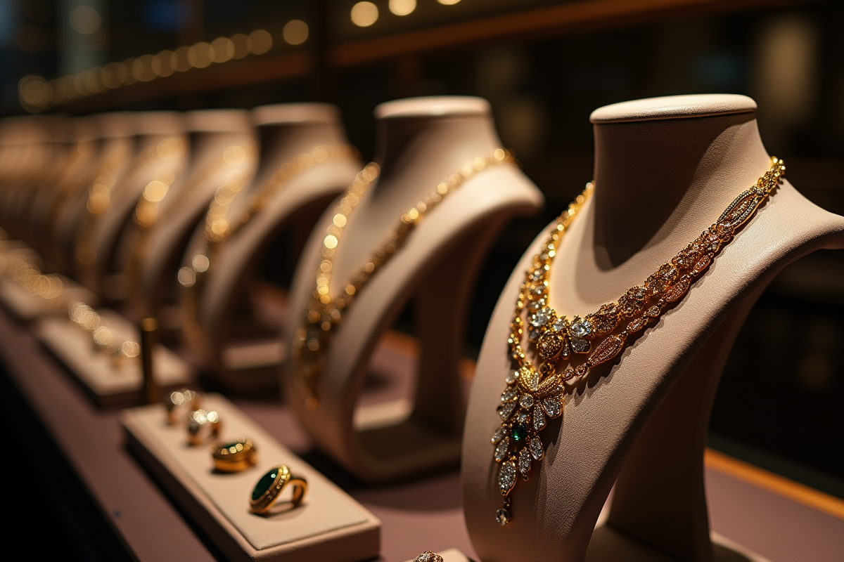Vitrine de bijoux de luxe avec colliers et bagues sur velours
