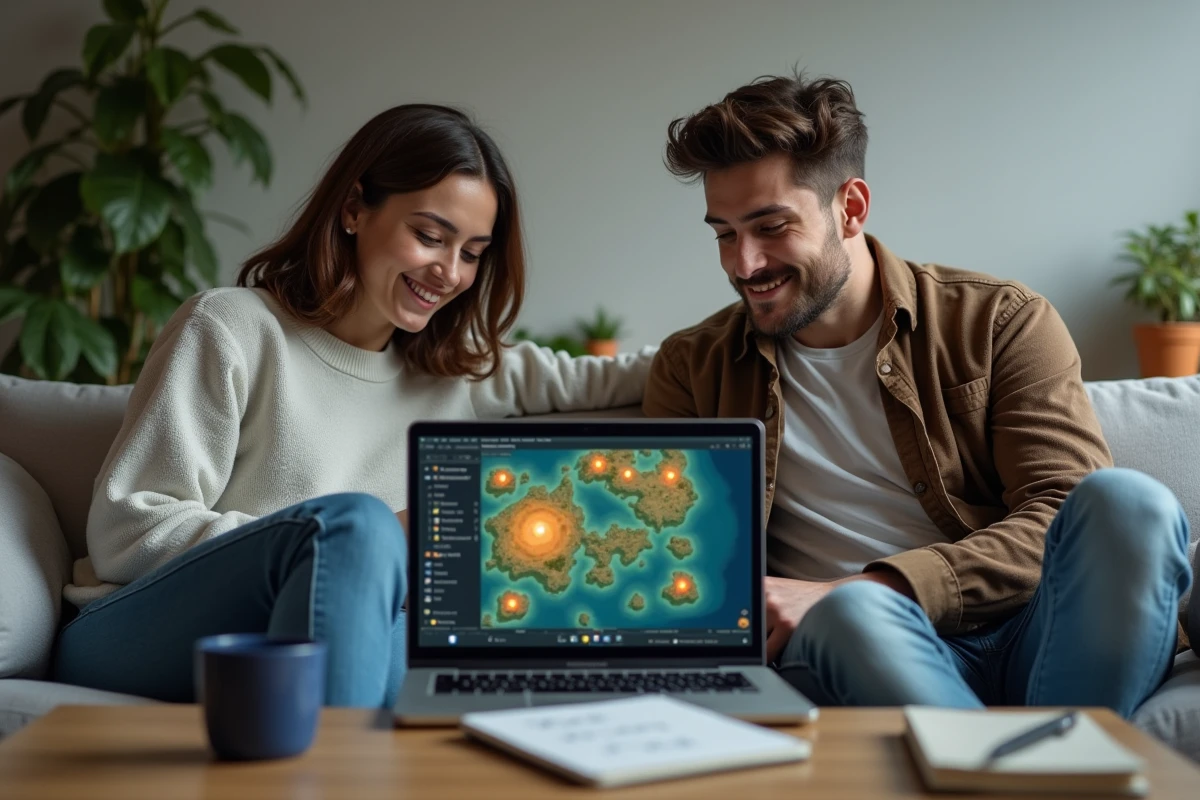 Deux joueurs adultes comparant des notes sur une carte de portails Dofus autour d'un ordinateur portable