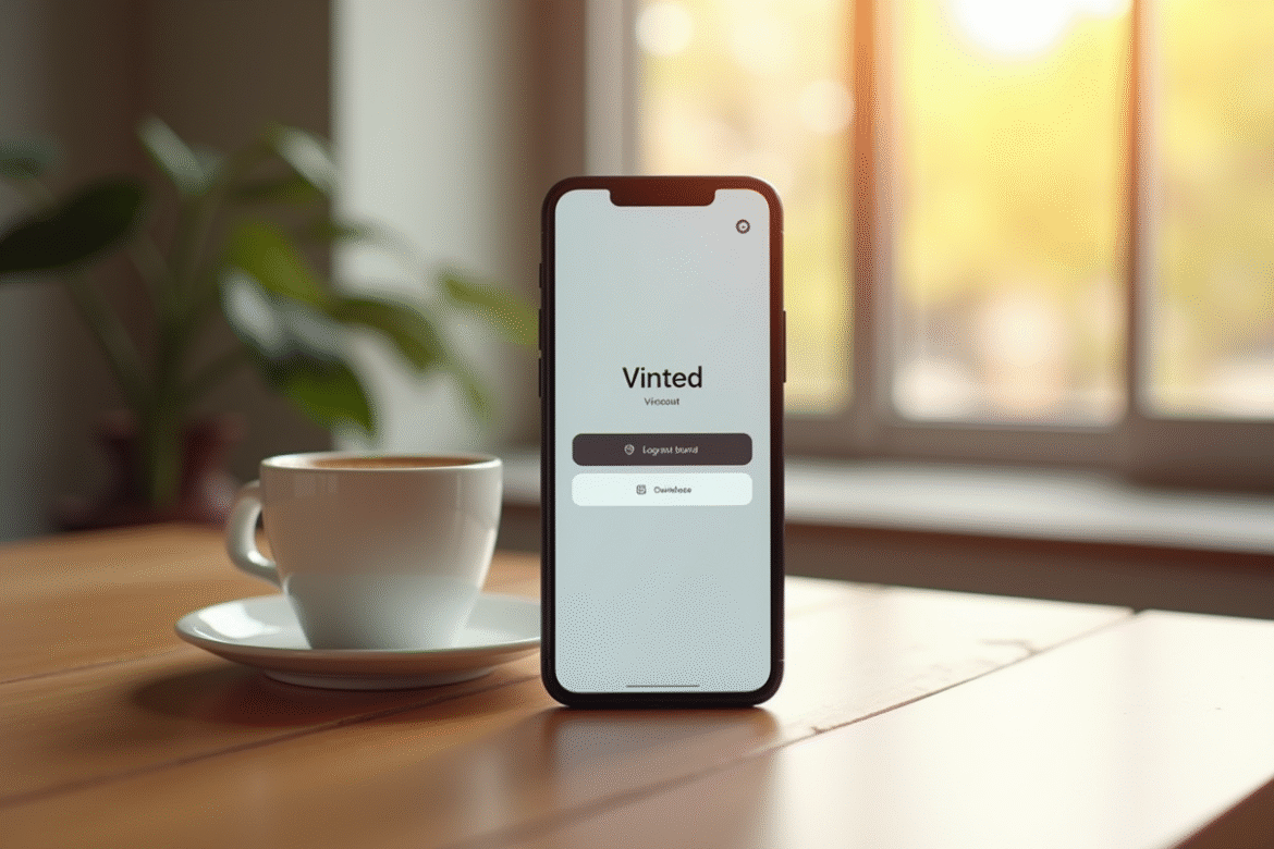 Smartphone affichant l'écran de déconnexion Vinted sur un bureau lumineux
