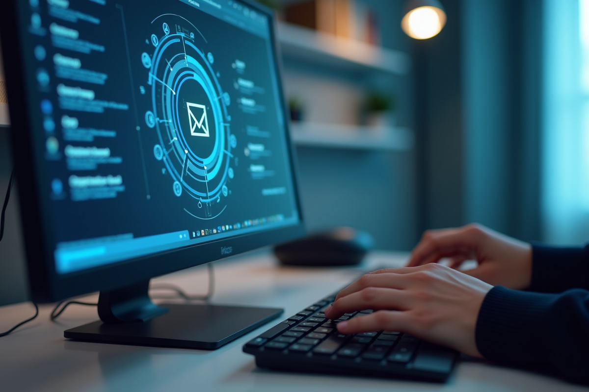 Zoom sur un écran webmail avec fonctionnalités IA et clavier