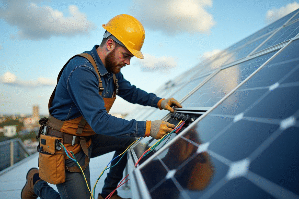 Électricien raccordant câbles solaires sur un toit en journée
