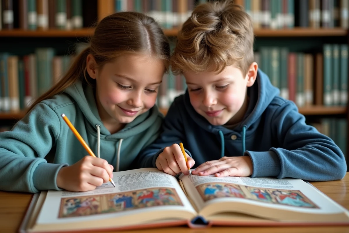 Élèves de collège étudiant un livre d'histoire illustré sur le Moyen Âge et le roi Charles VI à la bibliothèque