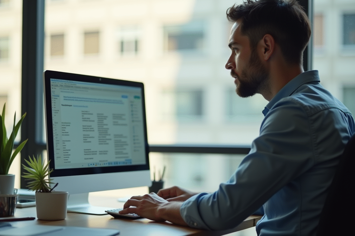 Enseignant concentré dans un bureau lumineux avec ordinateur