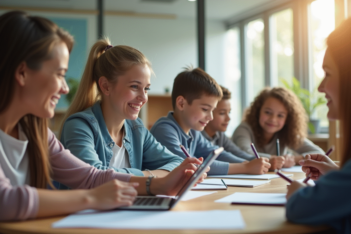 Enseignant aidant des élèves dans une classe lumineuse