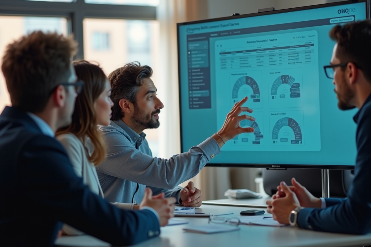 Équipe diverse en brainstorming avec tableau de bord Akeo Portal 2025