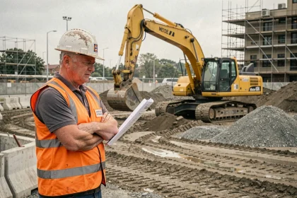 Chef de chantier examinant des fiches techniques devant une pelle mécanique mal adaptée au chantier