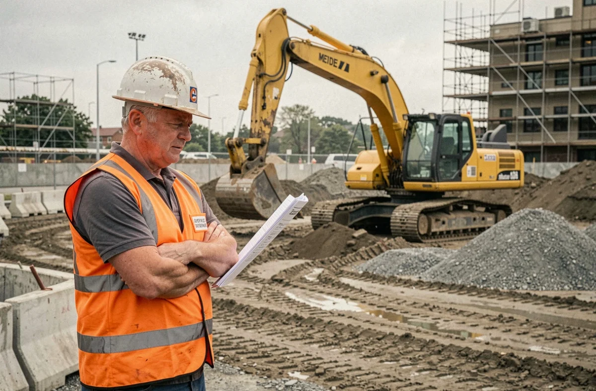 Chef de chantier examinant des fiches techniques devant une pelle mécanique mal adaptée au chantier