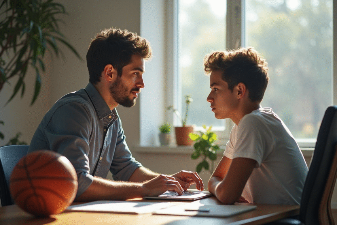 Jeunes adultes travaillant sur un forum de basketball