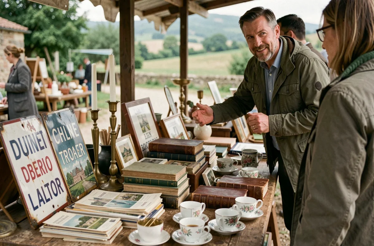 Étal de brocante dans l'Ain avec une collection d'objets anciens incluant des cartes postales, chandeliers et vaisselle vintage, vendeur discutant avec un acheteur