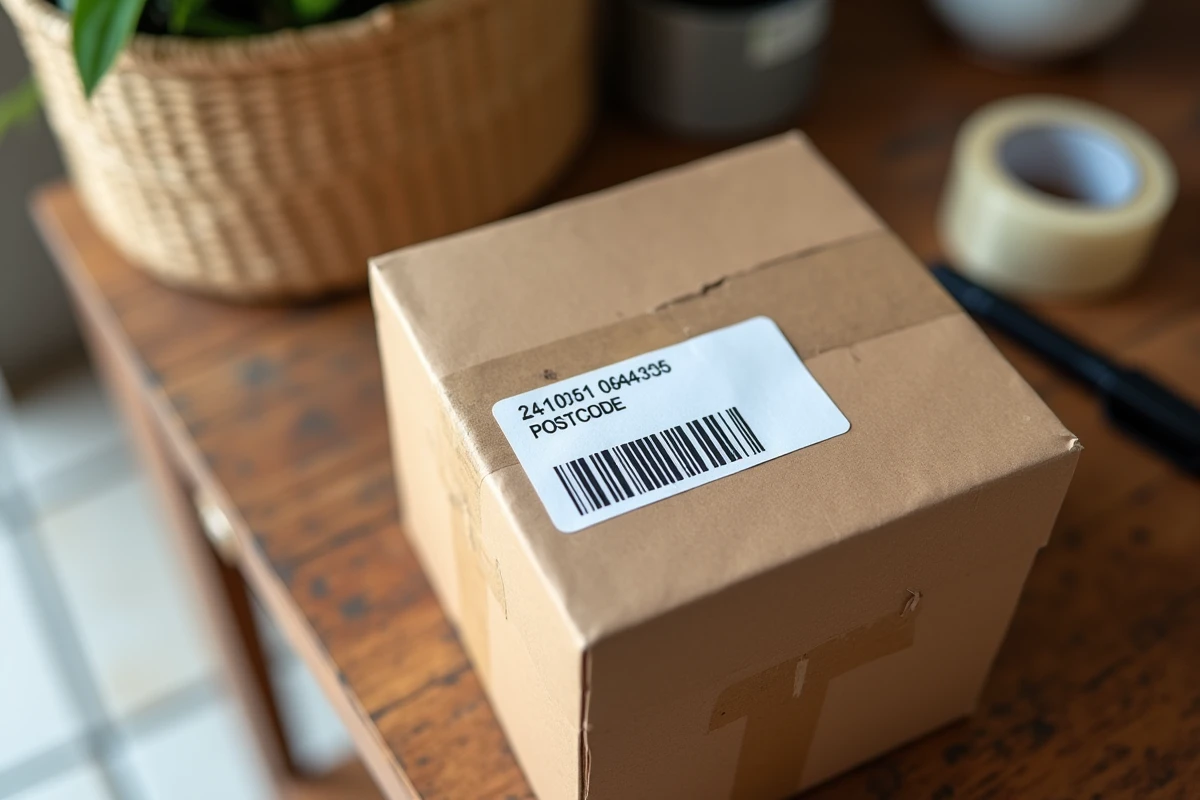 Gros plan sur une étiquette d'adresse avec un code postal mauricien sur un colis en carton