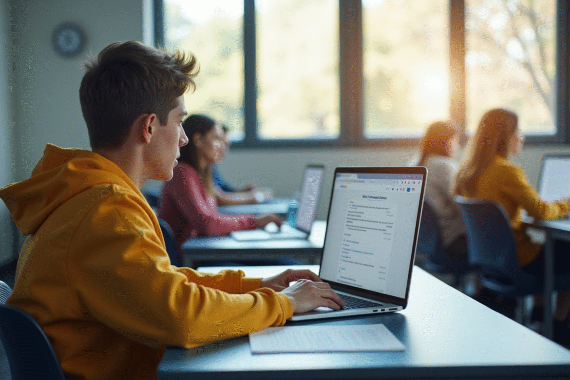 Étudiant universitaire travaillant sur un ordinateur dans une salle lumineuse